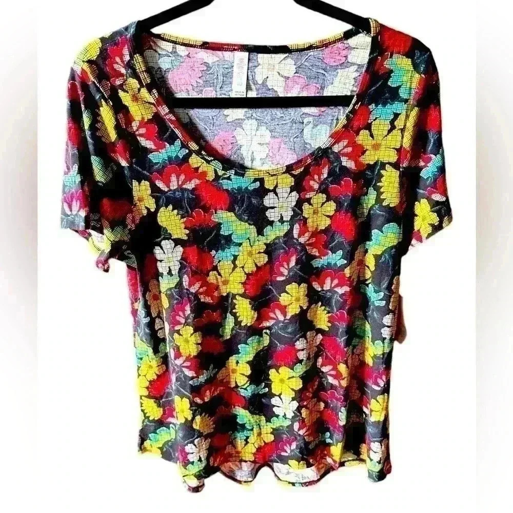 Lularoe large black floral Classic T. Reds, yellow, mint, cream, green. NWT . - Picture 1 of 7